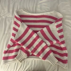 AERIE PINK AND WHITE OFF THE SHOULDER SWEATER